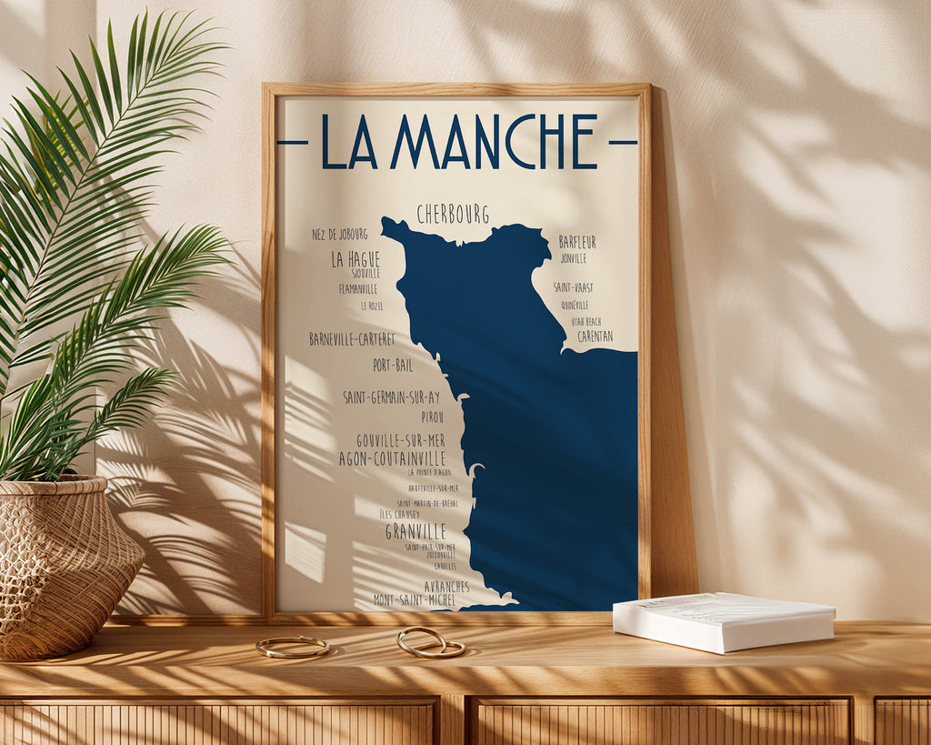 Affiche Manche Normandie avec carte littorale design pour décoration murale