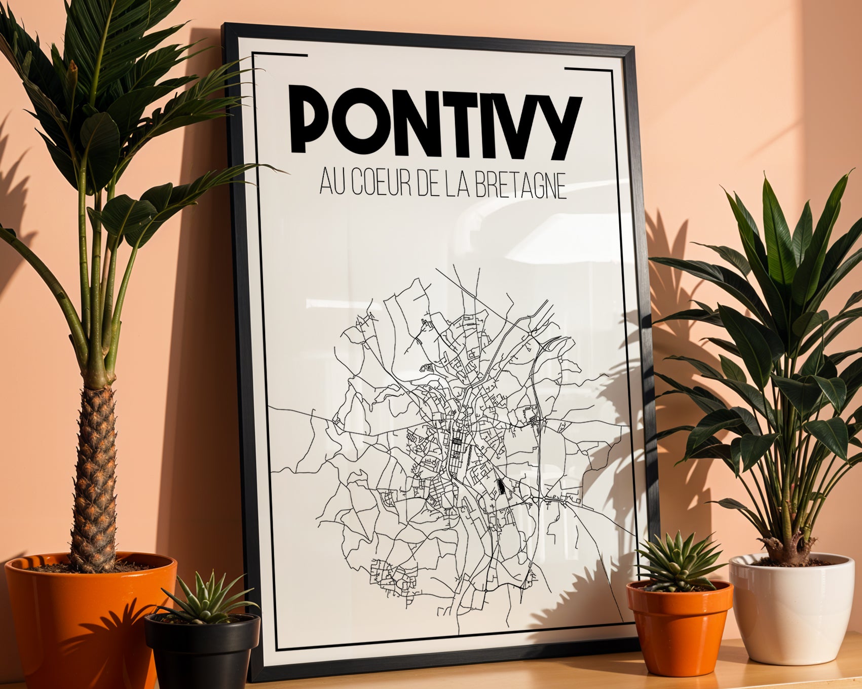 Affiche Pontivy carte Bretagne illustrant le centre-ville et le canal de Nantes à Brest