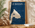 Affiche carte Bassin d’Arcachon, la perle de la Gironde, design épuré pour décoration intérieure.