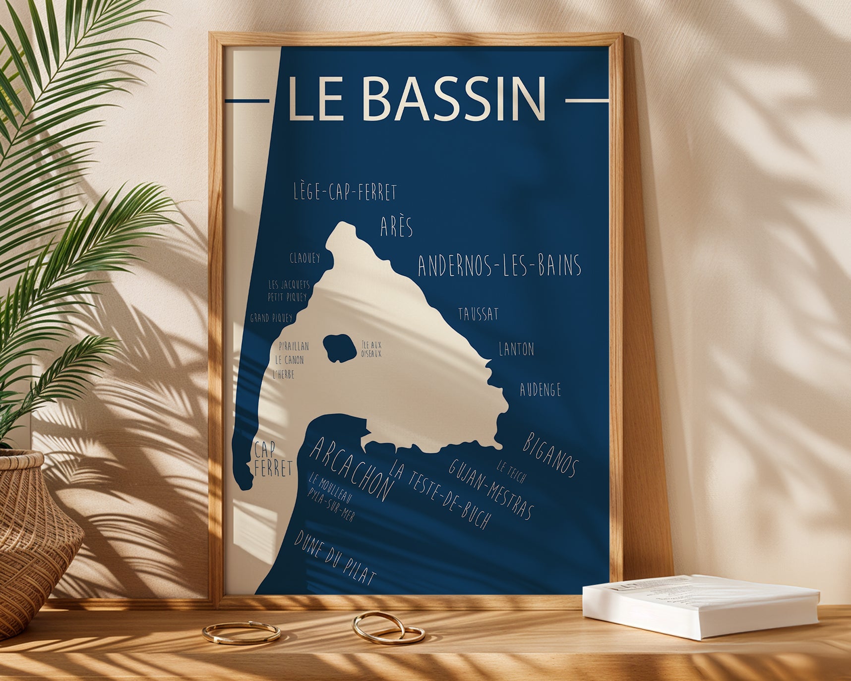 Affiche carte Bassin d’Arcachon, la perle de la Gironde, design épuré pour décoration intérieure.