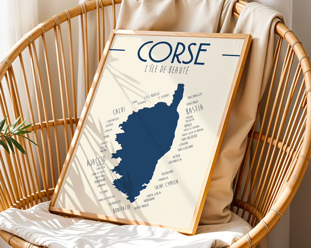 Carte graphique de la Corse pour décoration murale moderne et originale.