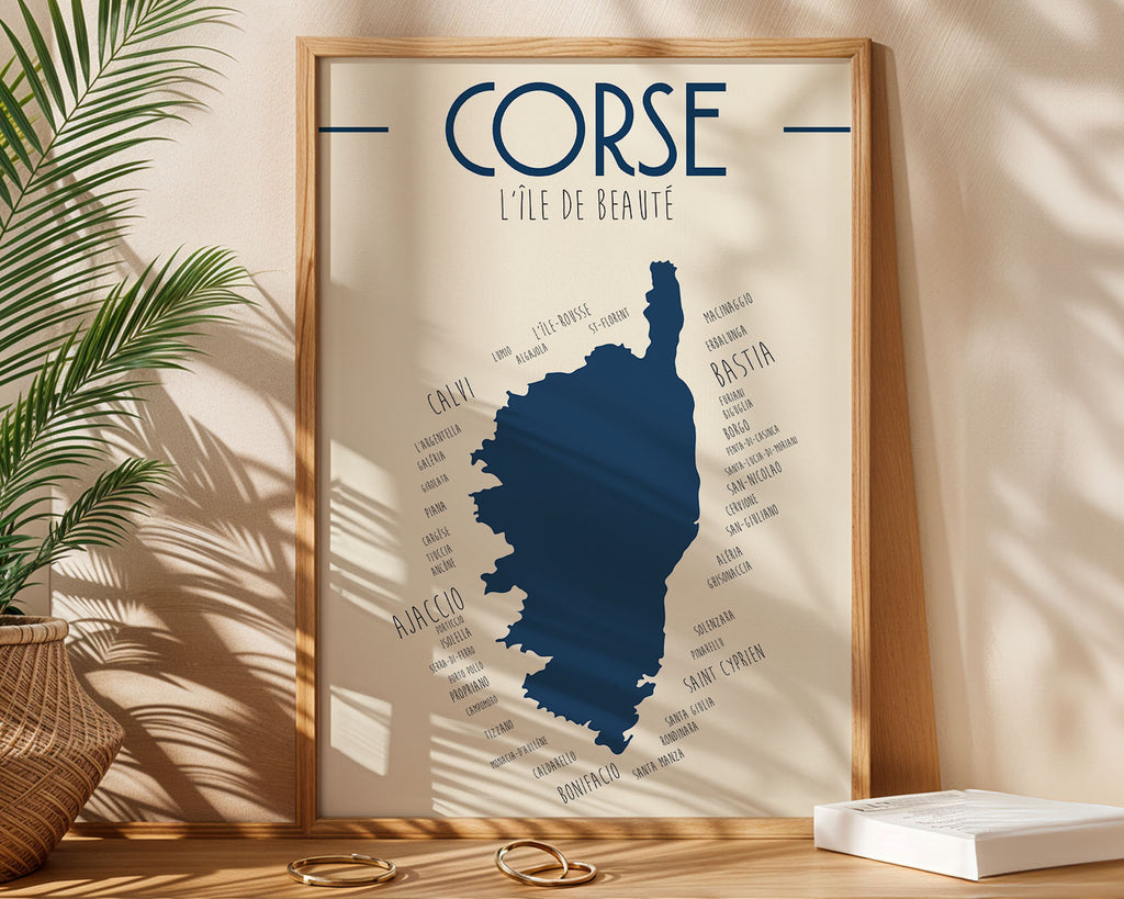 Affiche décorative Corse île de Beauté, design épuré et doux pour intérieur.