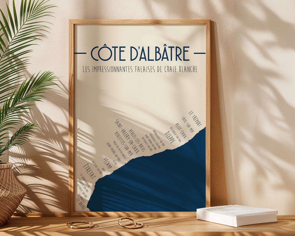 Affiche carte Haute‑Normandie et Côte d’Albâtre, design épuré pour décoration intérieure.