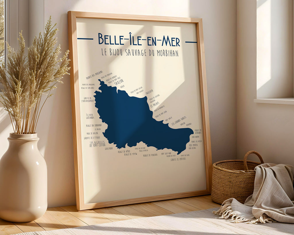 Poster Bretagne haute qualité illustrant contours et points d’intérêt de Belle‑Île‑en‑Mer.