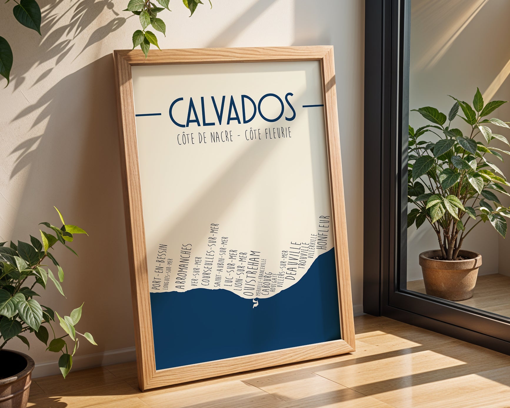 Poster mural Calvados littoral Normandie avec villes et paysages côtiers.