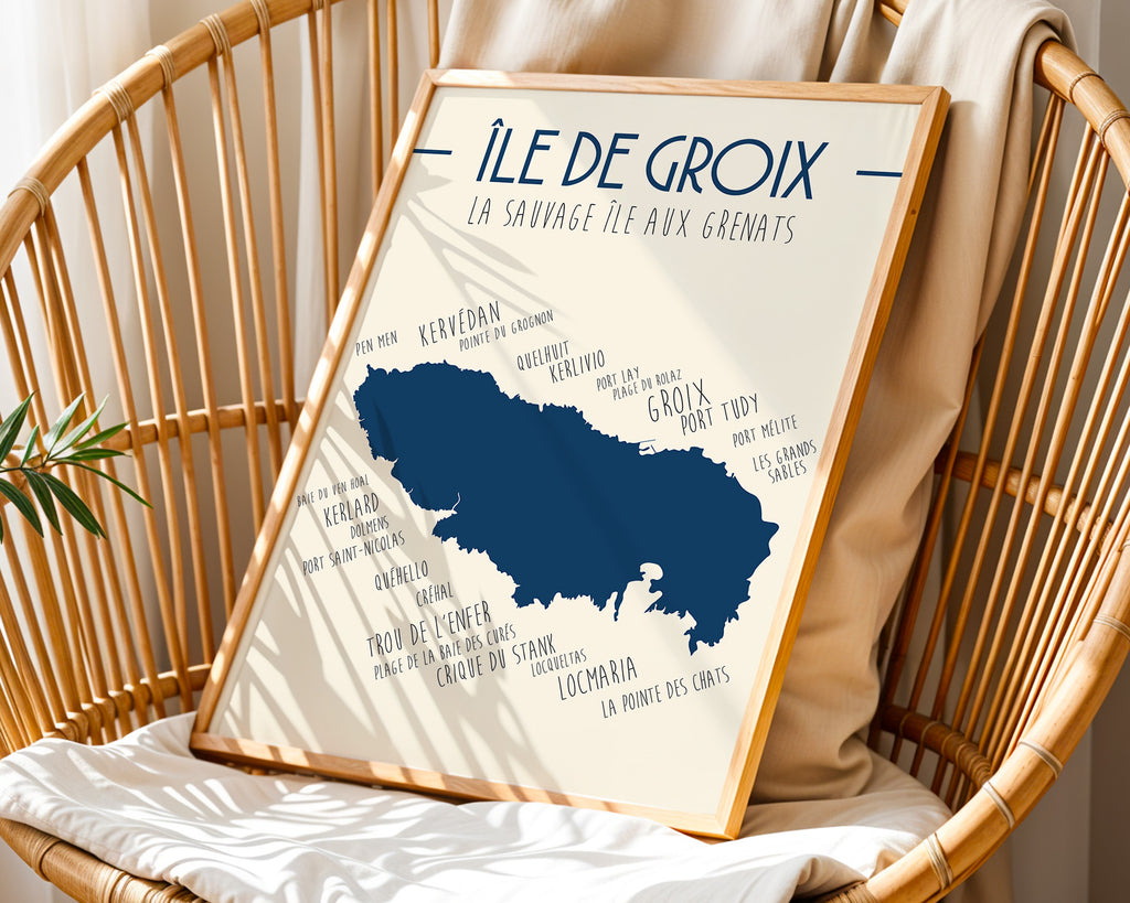 Affiche décorative Île de Groix avec villages bretons et ambiance maritime, poster minimaliste inspiré de la Bretagne sud