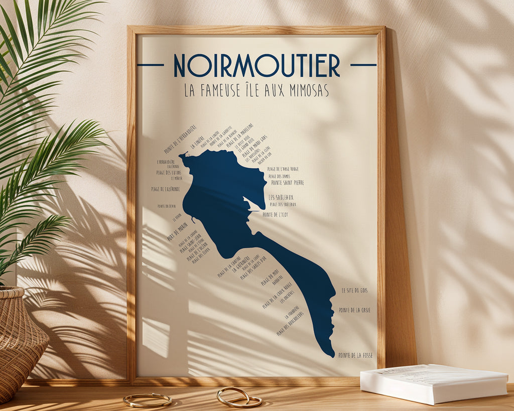 Affiche Noirmoutier Vendée avec carte littorale design et contours de l’île