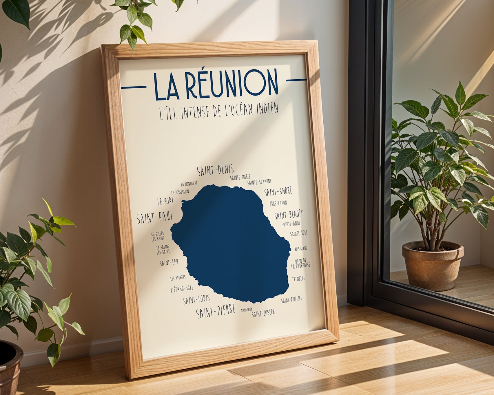 Illustration carte de l’Île de La Réunion en affiche décorative pour intérieur