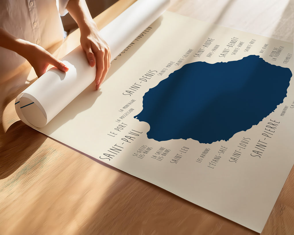 Affiche murale Île de La Réunion représentant la côte et le contour de l’île