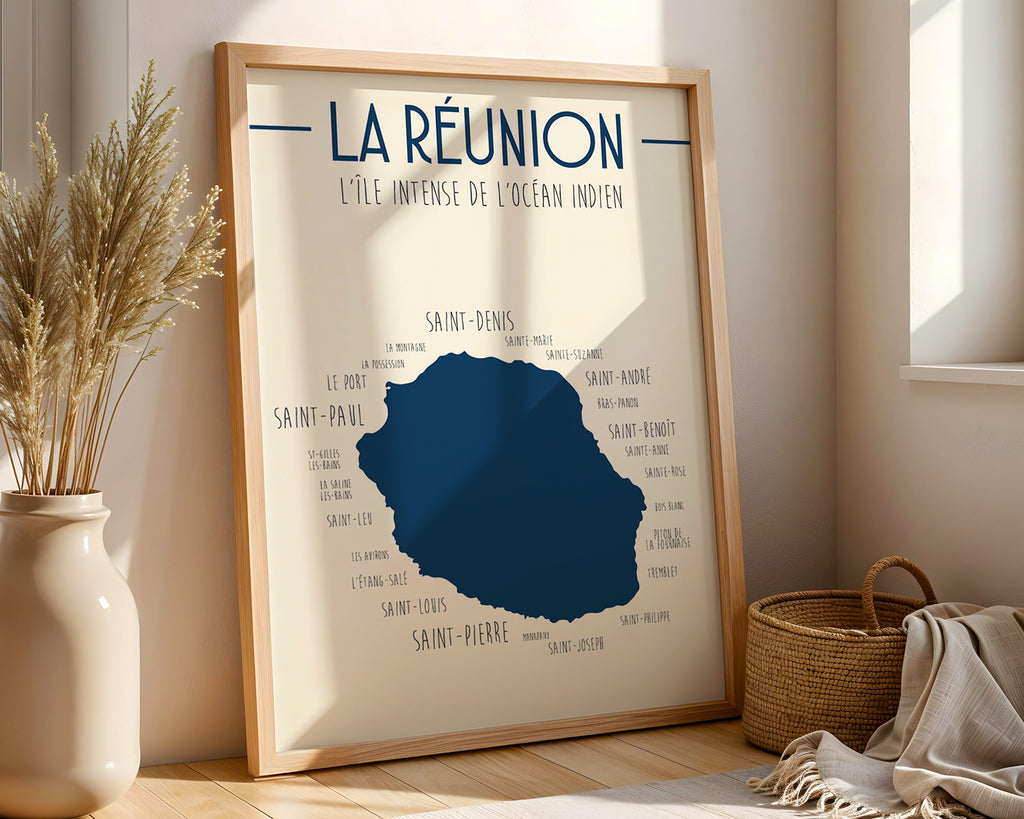 Poster carte côtière de l’Île de La Réunion pour décoration intérieure élégante