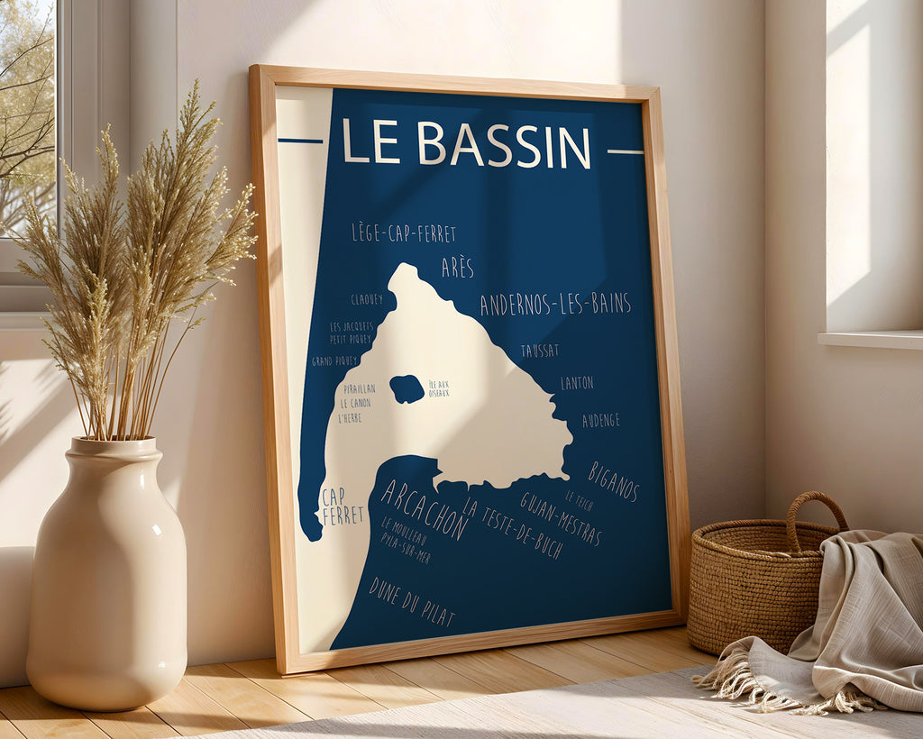 Affiche Bassin d’Arcachon graphique illustrant littoral et villages ostréicoles.