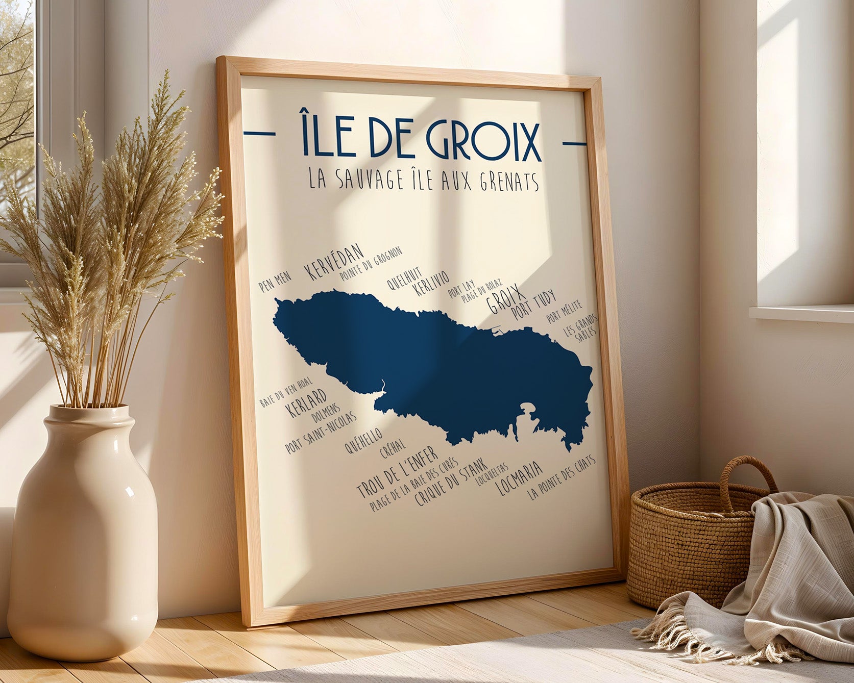 Détail de l’affiche Île de Groix, illustration artistique des plages bretonnes et du paysage côtier de l’île