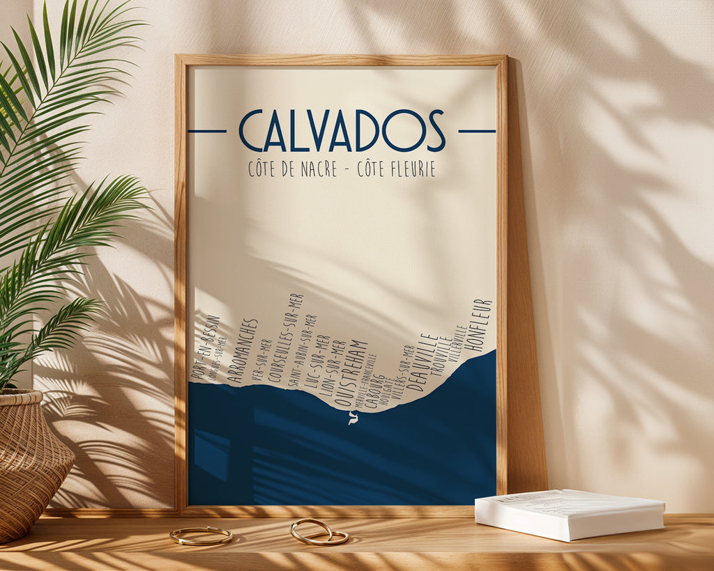 Affiche carte côtière Normandie Calvados design épuré pour décoration intérieure.