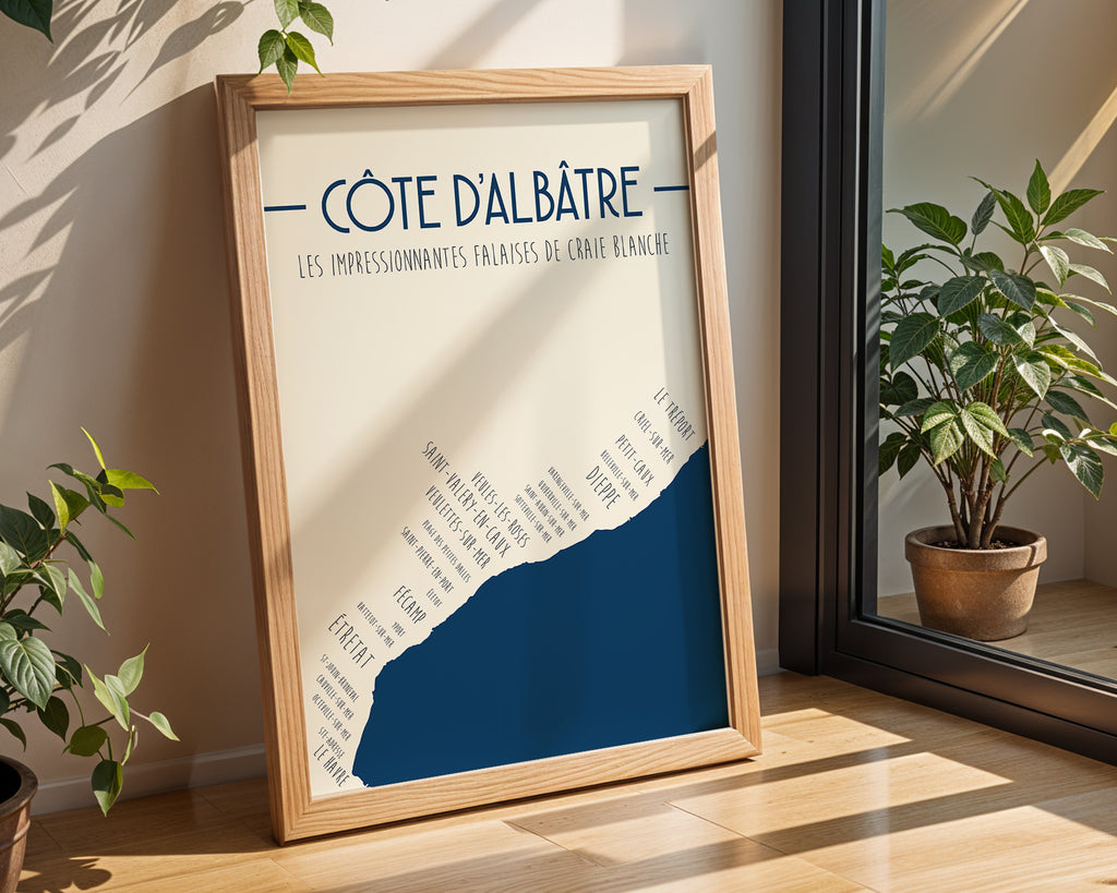 Poster mural Normandie minimaliste avec villes côtières et falaises d’Étretat.