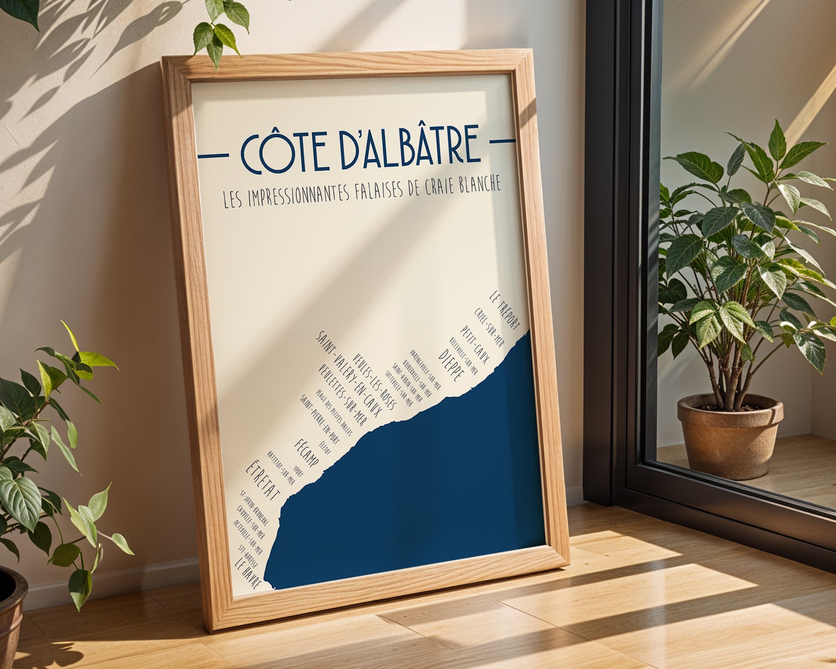 Poster mural Normandie minimaliste avec villes côtières et falaises d’Étretat.