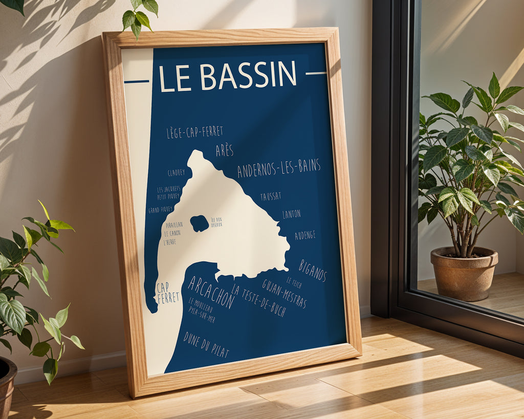 Poster minimaliste Bassin d’Arcachon avec chenaux, plages et presqu’îles pour salon ou bureau.