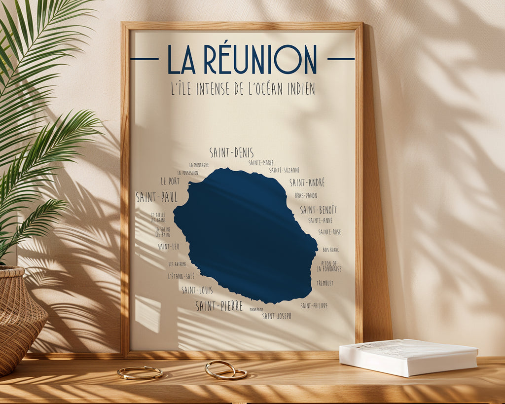 Illustration artistique de la carte de l’Île de La Réunion en poster décoratif