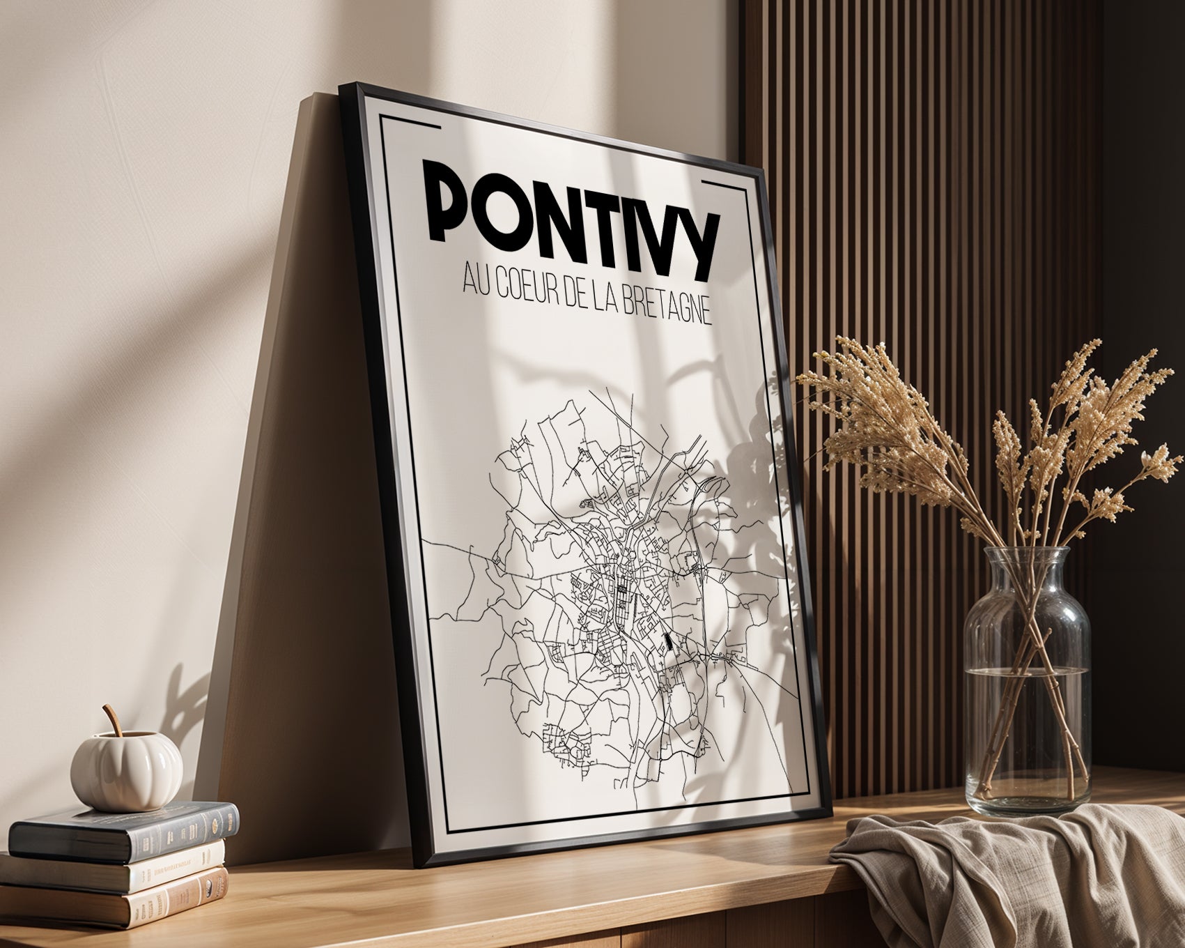 Poster Pontivy Morbihan avec carte stylisée de la ville bretonne