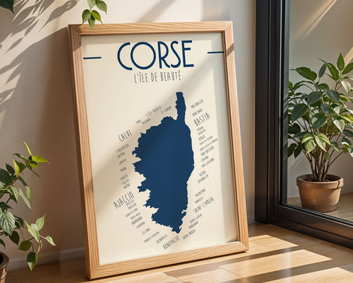 Poster Corse minimaliste avec paysages méditerranéens et montagnes.